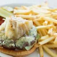 Blue Ribbon Burger · Seasoned Angus Beef patty with Blue cheese, crisp onion strings, mixed greens, tomatoes, kos...