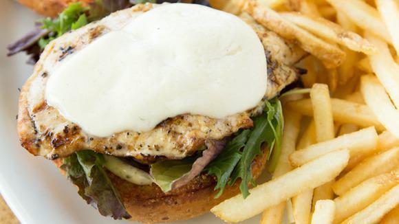 The Cardinal Chicken Sandwich · Garlic and herb seasoned mary's organic chicken fillet with fresh mozzarella, mixed greens and tomatoes with basil mayo on a parmesan dusted wheat bun.