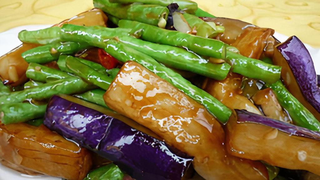 1. Sautéed Eggplant with String Beans  豆角炒茄子	 · Sautéed Eggplant with String Beans with Mild Spicy