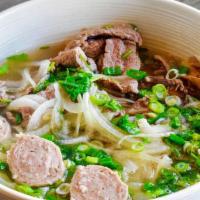 Pho Beef · Small noodles, beef sliced,<br />Beef ball, bean sprouts,<br />cilantro, green onion<br />