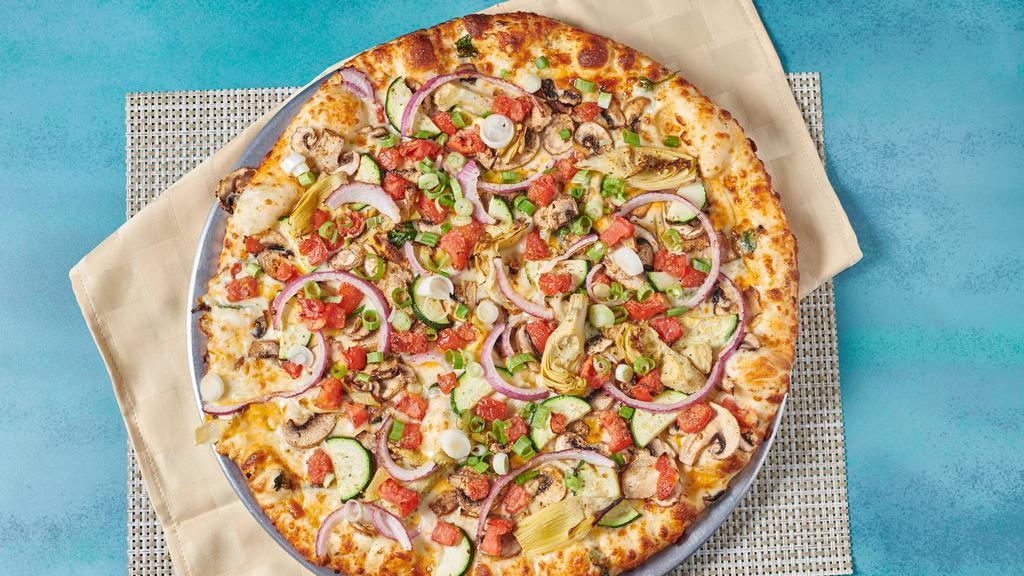 Gourmet Veggie (Large, 12 Slices) · 200-280 cal/slice. An Upscale Veggie Creation. Artichoke hearts, zucchini, spinach, mushrooms, tomatoes, garlic, red & green onions on our Creamy Garlic Sauce.