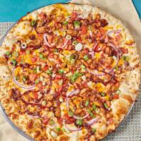 BBQ Chicken · Chicken, bacon, cheddar, tomatoes, red and green onions, on bbq ranch sauce topped with swee...