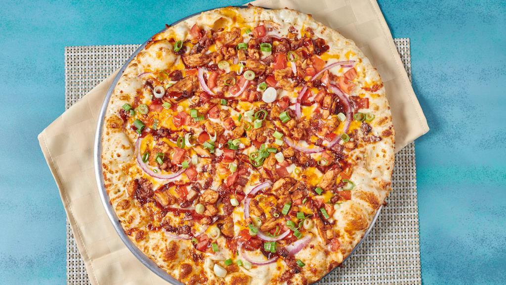 Bbq Chicken (Small, 6 Slices) · 210-300 cal/slice. Backyard BBQ Meets Handmade Pizza. Grilled white meat chicken, bacon, cheddar, tomatoes, red & green onions, sweet & tangy BBQ sauce.