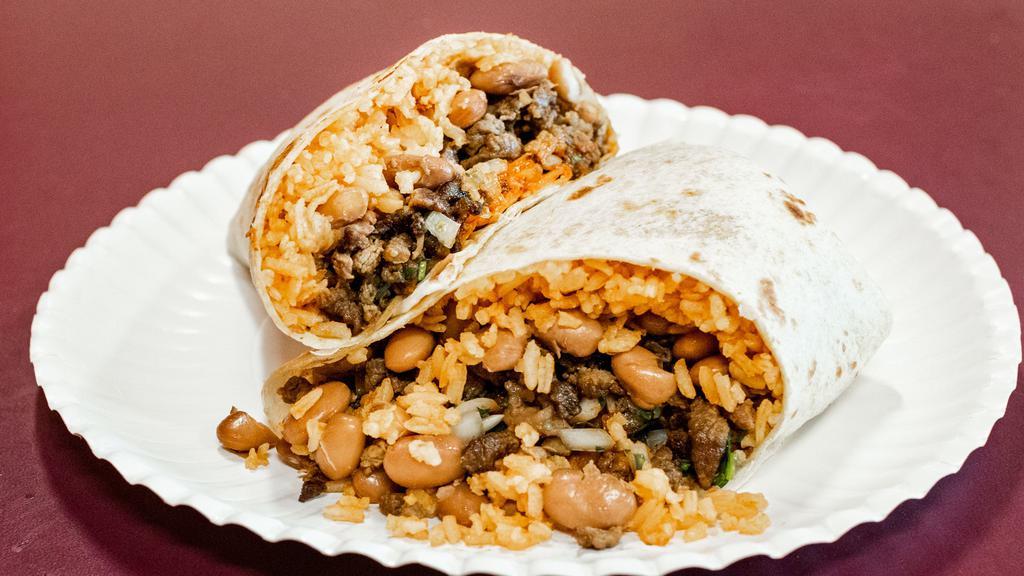 Regular Burrito · Choice of meat, rice, beans, onion, cilantro and salsa.