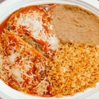 Chile Relleno · Served with rice, beans and tortillas.