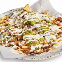 Asada Fries · Choice of meat with cheese, guacamole, sour cream, and salsa.