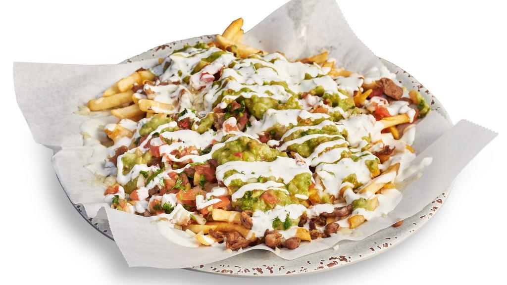 Asada Fries · Choice of meat with cheese, guacamole, sour cream, and salsa.