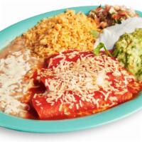 Cheese Enchilada Dinner · Three cheese enchiladas served with rice, beans, guacamole, cheese, sour cream, lettuce, and...