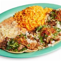 3 Taco Plate · Three soft tacos with your choice of meat, cilantro, onions, and salsa. Includes rice, and b...