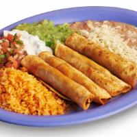 Chicken Flautas Plate · Four chicken flautas complemented with rice, beans, guacamole, salsa, sour cream, cheese, an...