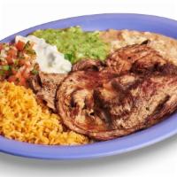 Carne Asada Plate · Grilled steak. Includes rice, beans, guacamole, salsa, sour cream, cheese, and tortillas.