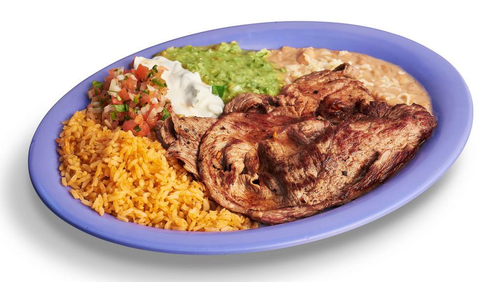 Carne Asada Plate · Grilled steak. Includes rice, beans, guacamole, salsa, sour cream, cheese, and tortillas.