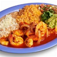 Camarones a la Diabla Plate · Hot & Spicy. Shrimps sautéed with a very spicy sauce. Includes rice, beans, guacamole, salsa...