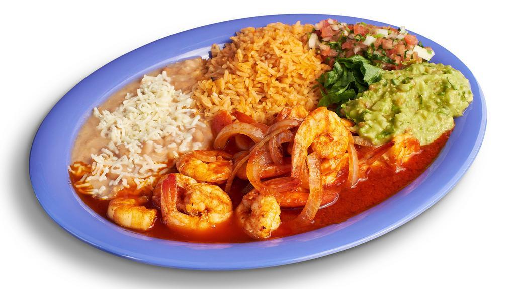 Camarones a la Diabla Plate · Hot & Spicy. Shrimps sautéed with a very spicy sauce. Includes rice, beans, guacamole, salsa, sour cream, cheese, and tortillas.