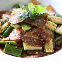Chongqing Beef Tendons · Beef tendons with cucumber in Sichuan chili sauce (gluten-free available).