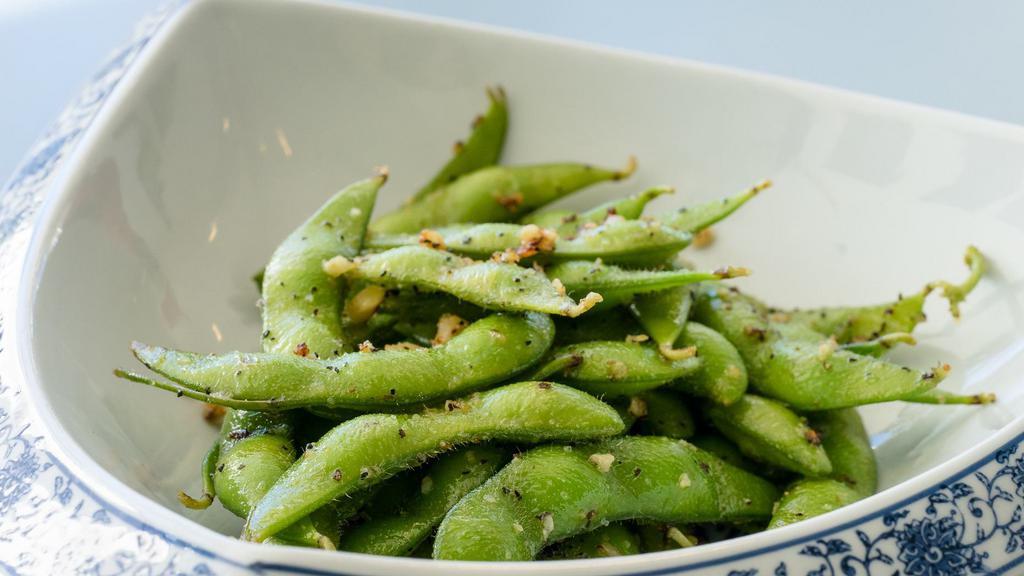 Edamame Beans · Vegetarian, gluten-free. Edamame beans with pepper and garlic.