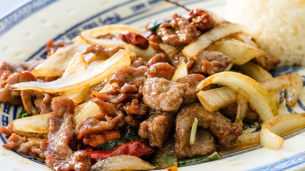 Mongolian Beef · Flank steak beef, onion, scallion and chili pepper in Mongolian sauce.