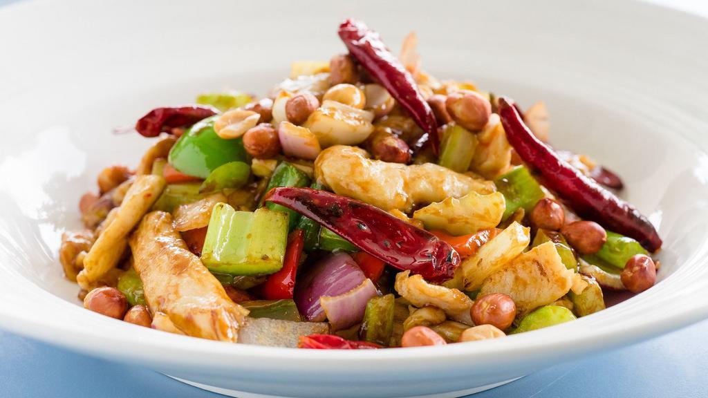 Kung Pao Chicken · A Sichuan cuisine with breast chicken, onion, bell pepper, celery, chili pepper and roast peanuts.