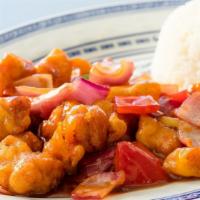 Canton Sweet & Sour Chicken · Rice with chicken, pink onions, bell pepper, and orange in house made sweet and sour sauce.