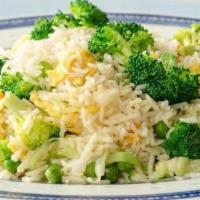Shaolin Temple Stir Fry · Rice with egg, cabbage, sweet pea, carrot, broccoli, and optional meat.
