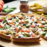 Indian Veggie Pizza Twist · Our signature creamy garlic sauce, fresh mushroom, fresh green pepper, juicy tomatoes, slice...