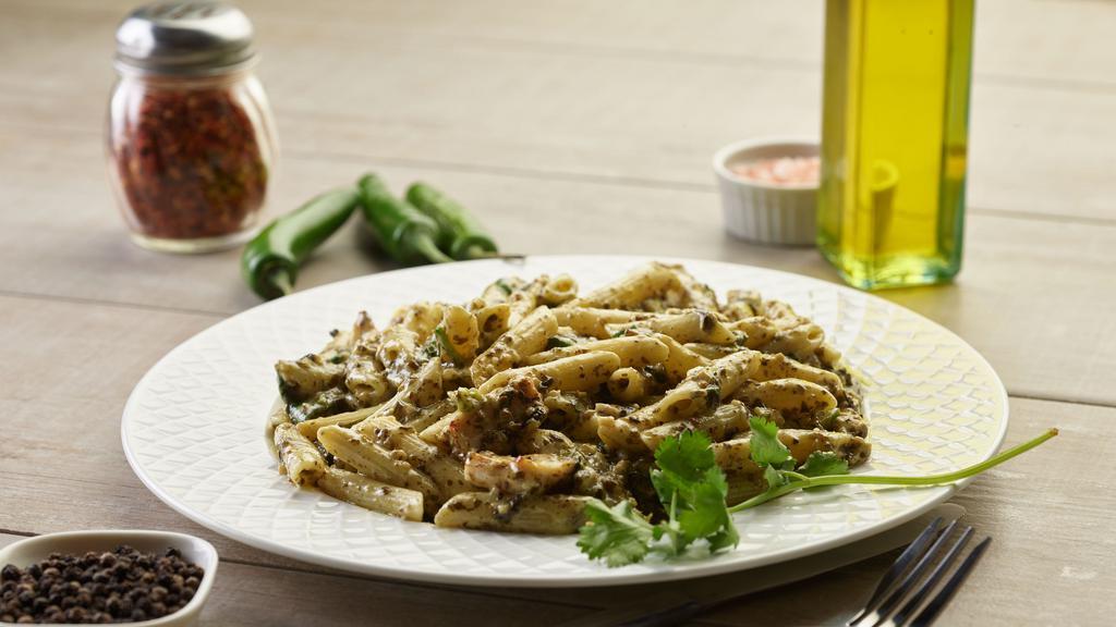 Pesto Chicken Pasta Twist · This pasta has our signature pesto sauce, penne pasta, sliced spinach & All-Natural Garlic Chicken Breast.