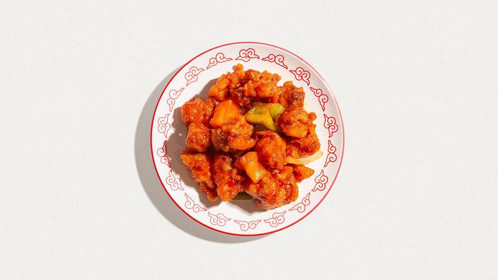 Sweet And Sour Chicken · Lightly battered chicken, pineapples, carrots, bell peppers, onions, wok-tossed in a sweet & tangy sauce. Served with white rice.