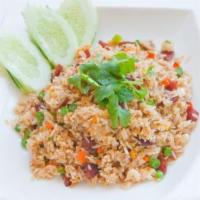 Kao Pad Gang Khew · Spicy. Fried rice with green curry paste, string bean, bamboo shoot, bell pepper, basil, chi...