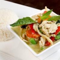 43. Gang Khew Wan with Rice · With bamboo shoots, string beans, carrot, bell peppers and basils, choices of chicken, beef,...