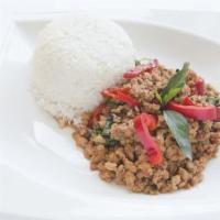 Pad Gra Praw Rice Plate · Spicy. Ground meat, basil, fresh chili, and bell peppers.
