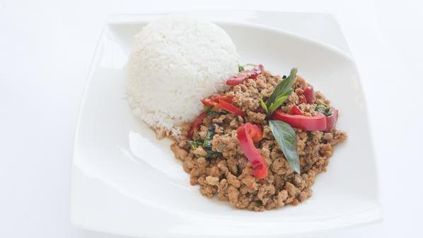 Pad Gra Praw a la Carte · Spicy. Ground meat, basil, fresh chili, and bell peppers. A la carte option does not include rice.