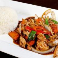 Pad Prik Pao Rice Plate · Bamboo shoot, onions, carrot, bell pepper in chili paste.