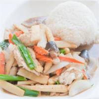 Pad Pak Rice Plate · Wok-fried mixed vegetables.