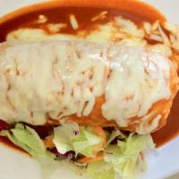 Shrimp wet Burrito (mojado) · include rice,beans, Shrimp and salsa on top of the burrito