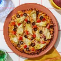 Vegan Spiritual Italian Pizza · Vegan pie with tomato sauce, artichokes, black olives, diced tomato, and vegan cheese.