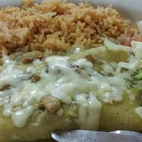 1. Enchiladas with Green Sauce · Pork, steak, chicken or Jack cheese. Served with a side of rice and beans