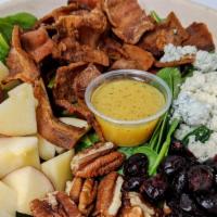 SPINACH APPLE PECAN SALAD · Spinach, apples, pecans, cranberries, bacon and blue cheese. Served with Maple-cider vinaigr...
