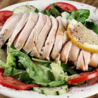 Chicken Salad · Mix green and artichoke heart topped with chicken breast pieces served with Italian dressing.
