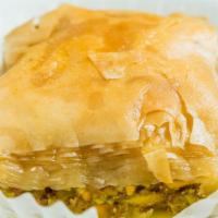 Baklava (1 pc) · Honey and mixed nuts between layers of phyllo dough.