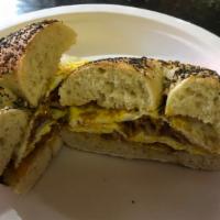 Breakfast Sandwich on a Bagel · Scrambled Egg, Meat, and Cheese served on a toasted Bagel