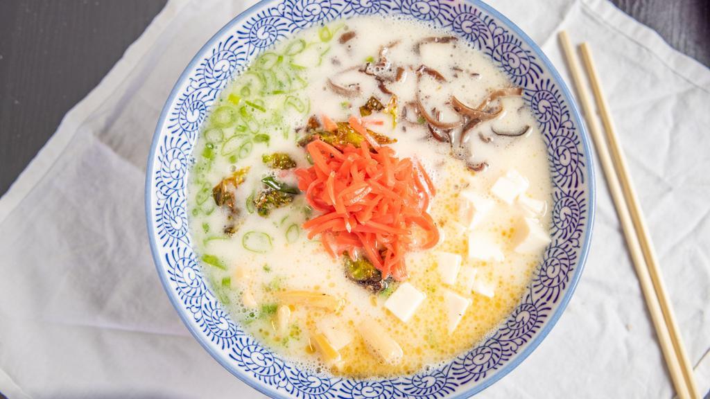 Creamy Vegetarian Ramen · Emulsified vegetarian broth topped with tofu, green onions, bamboo shoots, mushroom, brussel sprouts, pickled red ginger