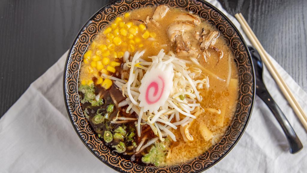 Sapporo Miso Ramen · Chicken broth with miso base topped with chashu, green onions, bamboo shoots, corn, bean sprouts, fish cake