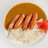 Sausage Curry · Beef based curry with kurobuta(Berkshire pork) sausage, rice, and a small salad