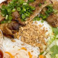 Grilled Pork w/ Rice Noodles (Bún Thịt Nướng) · Contains: Grilled Pork, Rice Noodles, Pickled Vegetables, Egg Roll, and Peanuts