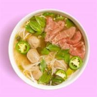 Rare Steak Pho · Rare steak in beef broth garnished with onion, scallion, cilantro, and a side of bean sprout...