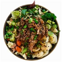 Pork Shoulder Greens Bowl · base of mixed greens & shredded cabbage, low and slow pork shoulder, crisp water chestnuts, ...