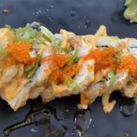 Moon Roll (Sushi Roll) · salmon, serranos, crab, cream cheese, avocado, deep fried with spicy mayo, eel sauce, srirac...