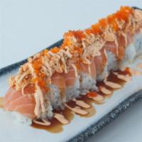Hungry · Spicy level one. In: shrimp tempura, avocado. Out: salmon, spicy crab, tobiko, spicy mayo, u...