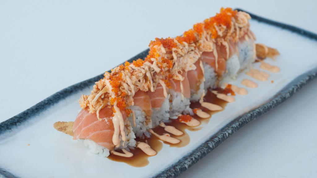 Hungry · Spicy level one. In: shrimp tempura, avocado. Out: salmon, spicy crab, tobiko, spicy mayo, unagi sauce.