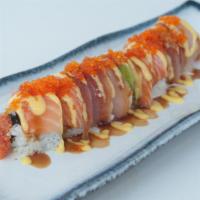 Hanabi · Spicy level one. In: shrimp tempura, spicy tuna, cucumber. Out: salmon, white tuna, avocado,...